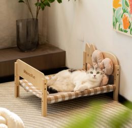 Mats MEWOOFUN Sturdy Wooden Cat Bed Cat Sofa Breathable Canvas Detachable Cat Couch Sofa Dog Bed for Cats and Small Dogs in Summer