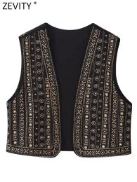 Waistcoats Zevity Women Vintage V Neck Beading Flower Embroidery Short Vest Jacket Ladies Sleeveless Casual Cardigan WaistCoat Tops CT5322