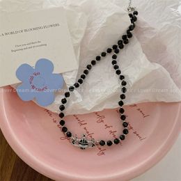 Designer VivieneWestwoods Korean New Water Diamond Saturn Empress Dowager West Black Beaded Necklace Sweet and Cool Small Crowd Collar Chain Fashion Necklace Ador