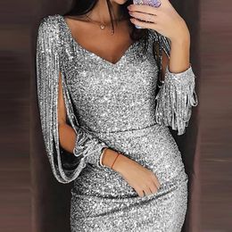 Women Sexy Dresses Glitter Sparkly Sequin Tassel Sleeves V Neck Club Mini Skinny Sundress Elegant Ladies Party Dresses 240220