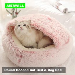 Mats Round Hooded Cat Bed & Dog Bed with Cover Cave Plush Cosy Cave Dog Bed Removable Washable AntiSlip with Blanket Attached