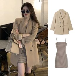 Jackets Suit Jacket + Plaid Slip Dress Two Piece Large Women's Autumn Winter Highclass Vintage Skirt 100 Kg Women Sets Fashion Coat