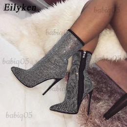 Sandals Eilyken Crystal Rhinestones Woman Ankle Boots Zipper Pointed Toe High Heels Sexy Modern Booties For Females Shoes T240301