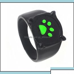 Band Rings Cartoon Black Cat Claw Ring Girl Boy Green Enamel Love Paw Print Cute Jewellery Kid Punk Birthday Gift Drop Delivery Yydhhom Dhbu4