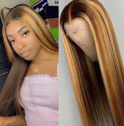 Ombre Highlight Wig Brown Honey Blonde Coloured HD Whole Lace Front Human Hair Wigs Straight Full 360 Frontal Wiges Remy diva14511092