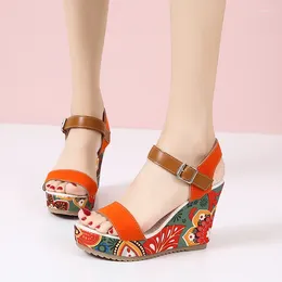 Sandals Womens 2024 Summer Designer Printed Wedge Platform Shoes Casual Ankle Buckle Comfort Zapatos De Mujer