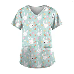 Women's T Shirts Cartoon Printed Nursing Uniform Women Pocket Work Blouse Shirt Therapist Short Sleeve V-Neck Scrub Tops Carer Healthcare