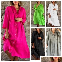 Basic Casual Dresses Womens Cotton And Linen 2023 Spring/Summer Solid Standing Collar Button Loose Dress Elegant Women Robe S-5Xl Dhovp