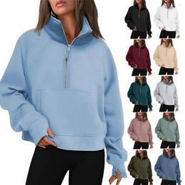 Women's Hoodies 2024 Half Zip Short Stand Collar Thumb Hole Plus Fleece Hoodie