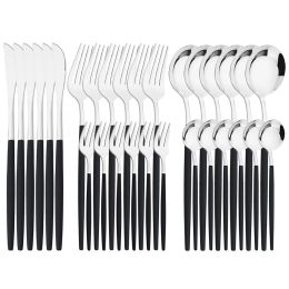 Sets 30pcs Black Silver Cutlery Set Knife Fruit Forks Cake Fork Tea Spoon Dinnerware Stainless Steel Tableware Set Party Kitchen Tool