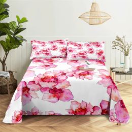 Set Beautiful Pink Flower 0.9/1.2/1.5/1.8/2.0m Digital Printing Polyester Bed Flat Sheet with Pillowcase Print Bedding Set