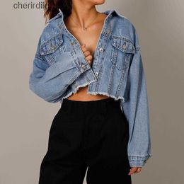 Women's Jackets Autumn Denim Cropped Female Pockets Hole Short Jean Ladies Button Casual Solid Coats 240301