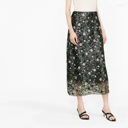 Skirts 2024 Early Spring Dark Green Sequined Double-layer A-line Skirt