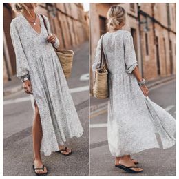 Casual Dresses Multicolor Printed Tie V Neck Loose Long Sleeve Split Dress 2024 Evening Sexy Party Maxi Spring Summer Vestidos