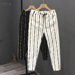 Pants 2023 Spring and Autumn Fashion Trendy Men's Casual Simple Lace Up Elastic Waist Pocket Stripe Printed Oversized Small Feet Pants