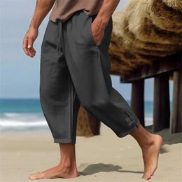 Men's Pants Drawstring Linen Beach Slits Trousers Cropped With Elastic Waist Deep Crotch Solid Colour For Summer