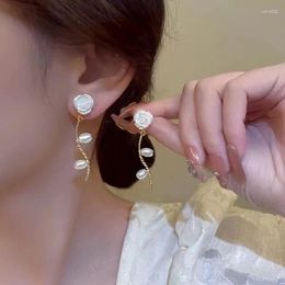 Dangle Earrings Korean Fashion Pearl Rose Flower For Women Girls Gold Colour Metal Anti-allergy French Jewellery Birthday Gift