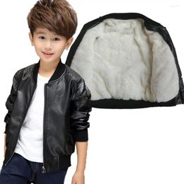 Jackets Boys Faux Leather Jacket Autumn Winter Thick Warm Plush Lined Outerwear V Neck Zipper Pocket Long Sleeves Casual Kids Coat