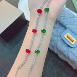Link Bracelets Luxury Silver Colour Feminine Synthetic Emerald Ruby Green/Red Stone Bracelet Hand Chain Fashion Jewellery For Women