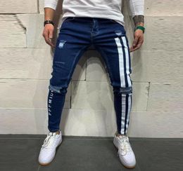 Men039s Jeans Trendy Men Skinny Biker Destroyed Frayed Fit Denim Ripped Pants Side Stripe Pencil Hip Hop Streetwear5870013