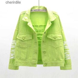 Women's Jackets Jackets Women Letter Printed Denim Neon Green Ladies Trendy Korean Candy Colour Thin Coat Button Streetwear 240301