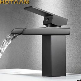 Bathroom Sink Faucets Black Galvanised brass waterfall bathroom basin faucet square dressing table sink mixer hot and cold Lavoto single handle YT-5018-H Q240301