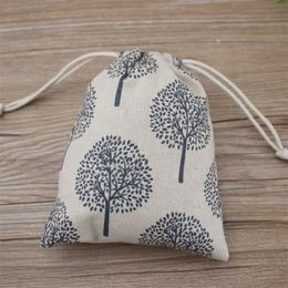 Happy Tree Printed Linen Jewellery Gift Pouch 9x12cm 10x15cm 13x17cm pack of 50 Party Candy Favour Sack Jute Drawstring Bag261I