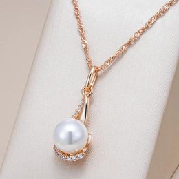 Pendant Necklaces Kinel Luxury 585 Rose Gold Color Necklace For Women Unique Geometric Pearl Bride Daily Fine Jewelry 2024