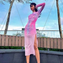 Casual Dresses Y2K Harajuku Women Anime Printed Mesh Dress Long Sleeve Lace Perspective Bodycon Party Sexy Lady Split Outfits