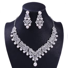 Headpieces Sparkle Wedding Sets Silver Pearl necklace+earrings Plated Beads Bling Bridal Accessories