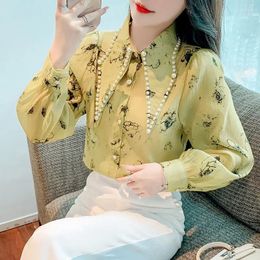 Women's Blouses Vintage Ink Painting Straight Shirt Commute Spring Autumn Single-breasted Clothing Turn-down Collar Chic Beading Blouse