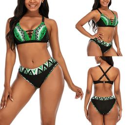 Women039s Swimwear Sexy Print Hollowed Out Split Joint Swimwears Women 2022 Lace Up Bikini Push Swimsuit XXXL Plus Size Bathing3758790