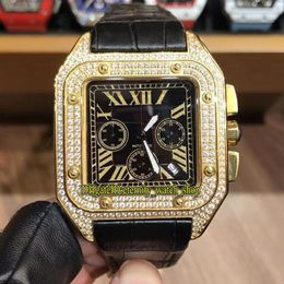 New Luxury 45MM WGSA0017 W2SA0008 Black Dial Japan VK Quartz Chronograph Movement Mens Watch Gold Diamonds Case Leather Strap Spor280l