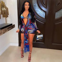 Women's Tracksuits 2024 Fashion Sexy Seaside Holiday Slim Looking Suspender Underwear Coat Printed Three-Piece Set