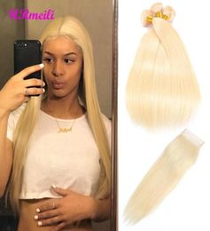 613 Blonde Human Hair Straight Brazilian Virgin Hair Weave Bundles with ClosureRemy Hair Deals 34 Bundles and Closure89663228571728