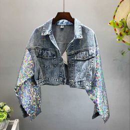 Women's Jackets Fashion Design Punk Style Spring Coat Sequins Sleeve Denim Long Coat Crop Abrigos Mujer 240301