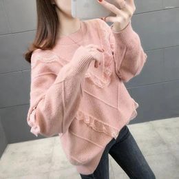 Women's Sweaters 2024 Autumn Winter High-Neck Knitting Sweater Pullover Lace Loose Thick Warm Shirt Long Sleeves Top Red Pink Clothes