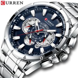 Men CURREN Casual Sport Chronograph Mens Watch Stainless Steel Band Wristwatch Big Dial Quartz Clock with Luminous Pointers 240227