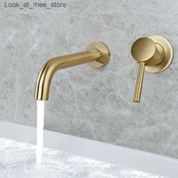 Bathroom Sink Faucets Luxury brushed gold faucet wall mounted bathroom basin sink faucet solid brass single handle hot cold mixer gold bathtub faucet Q240301