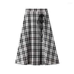 Skirts Lace Up Plaid Womens 2024 Summer High Elastic Waist Bandage A-Line Midi Young Preppy Style School Front Slit Falda