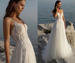 Sexy Beach Wedding Dress Halter Neck Cross Strap Floral Lace Appliques Bead Tiere Tulle Bridal Party Gowns Vestidos De Novia