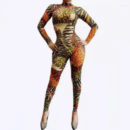 Stage Wear Personality Printed Pattern Leopard Jumpsuit Tight Dance Costume Sexy DJ Pole Dancing Acrobatic Performance Leotard