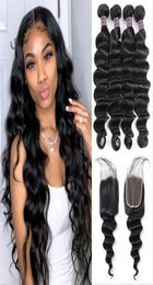 Allove Virgin Human Hair Bundles Wefts With Lace Closure Water Peruvian Loose Deep Wave Curly Body Straight Weave Extensions for W6116047