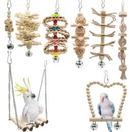 Toys 8 Pcs/set Bird Parrot Swing Chew Toys Natural Wood Hanging Bell Birds Cage Toy for Small Parakeets Cockatiels Bird Supplies C42