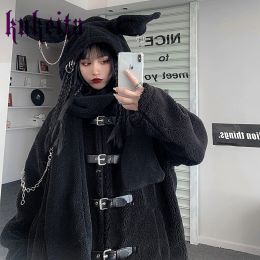 Jackets Harajuku Women Vintage Black Jacket Gothic Grunge Cute Rabbit Ear Scarf Cap Winter Warm Coats Streetwear Female Overcoat