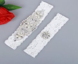 2 Pieces Lace Bridal Garters Belt Set Handmade Rhinestones Pearls Vintage White Wedding Garters In Stock8315351