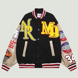 Hip Hop Varsity Baseball Jackets Mens Vintage Harajuku Letter Graphic Patchwork Leather Sleeve Coats Casual Loose Jacket Couples 240226