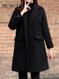 Blends Sungtin Winter Vintage Black Oversize Wool Coat Women Elegant Loose Thicken Faux Cashmere Jackets Korean Lapel Tops 4XL Female