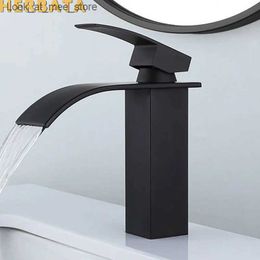 Bathroom Sink Faucets Black chrome plated brass waterfall bathroom basin faucet square dressing table sink mixer hot and cold Lavoto single handle YT-5023 Q240301