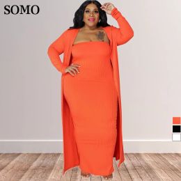 Sets SOMO 2022 Winter Plus Size Sets Women Solid Color Sexy Long Sleeve Coat and Tube Top Dress Two Pieces Wholesale Dropshipping